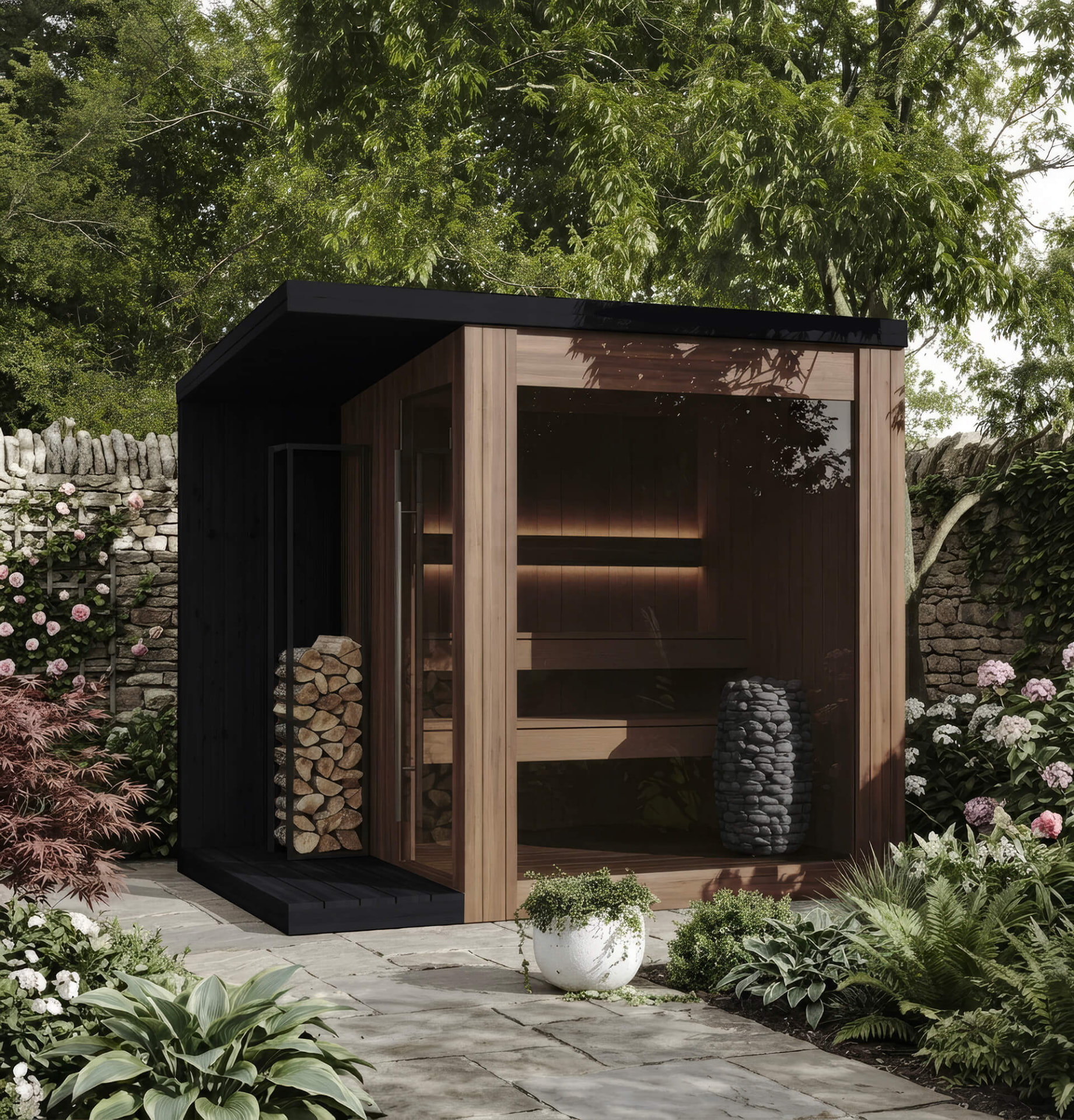 Contemporary flat-roof sauna in cedar and charred timber with a log store, set in a flowering garden