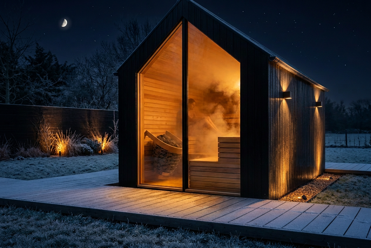 Close view of the glowing glass gable of a black timber sauna at night, with warm gravel uplights grazing the charred side wall and minimal cubed wall lights washing the cladding