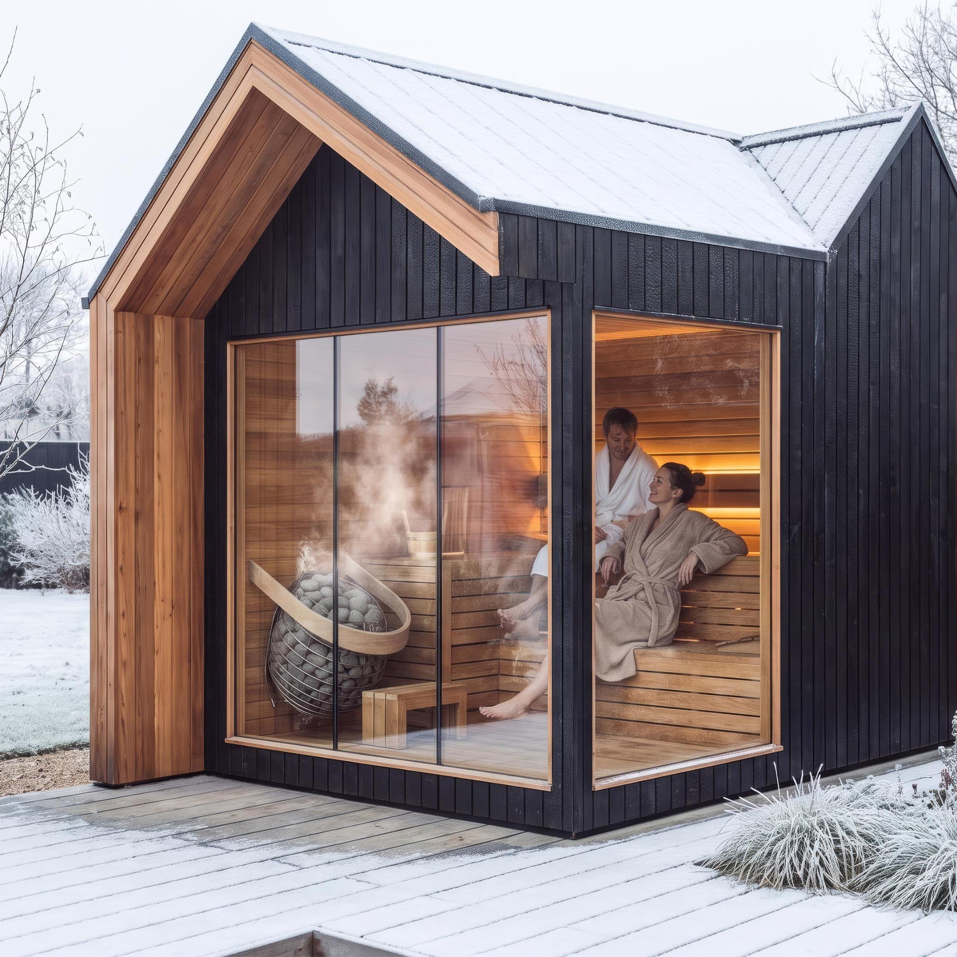 A bespoke Löyly&Stone outdoor sauna in a winter garden, with cedar and black timber cladding, floor-to-ceiling glass, and guests relaxing inside