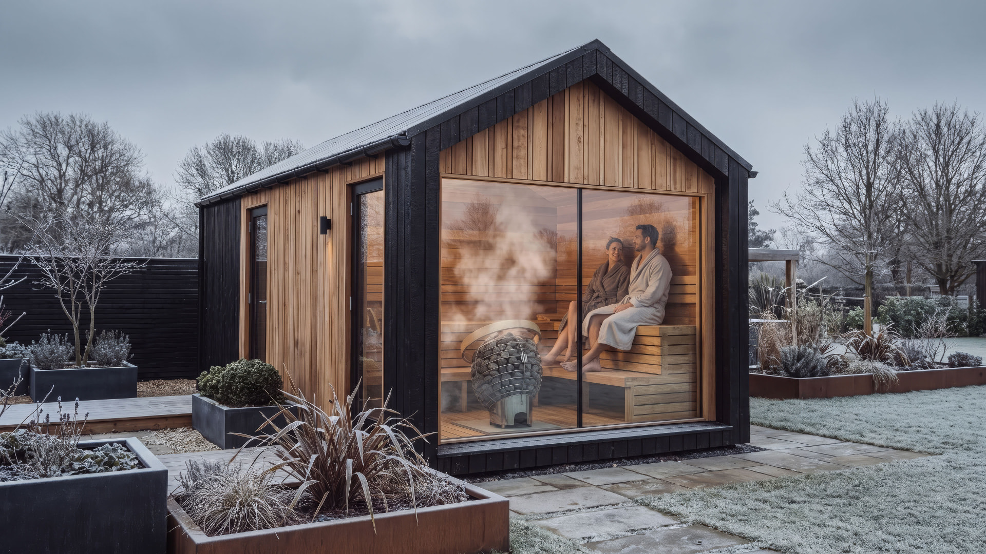 A bespoke outdoor sauna with black timber cladding and light cedar panels, large glass front with two people relaxing inside, set in a frost-covered British garden