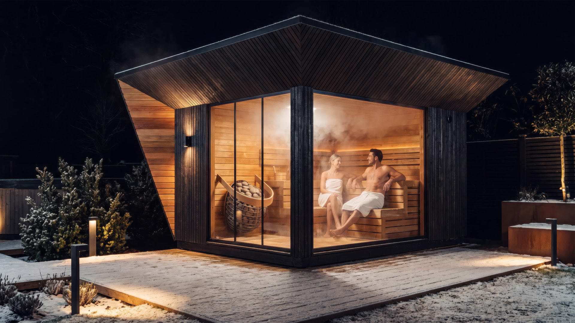 A couple relaxing inside a glowing cedar and black-clad Löyly&Stone sauna at night, steam rising from the heater