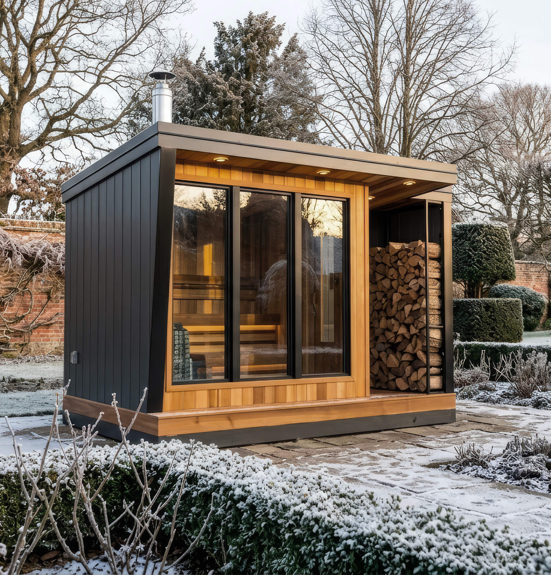 Bespoke sauna with full-height glazing, cedar interior and integrated log store in a frosted walled garden