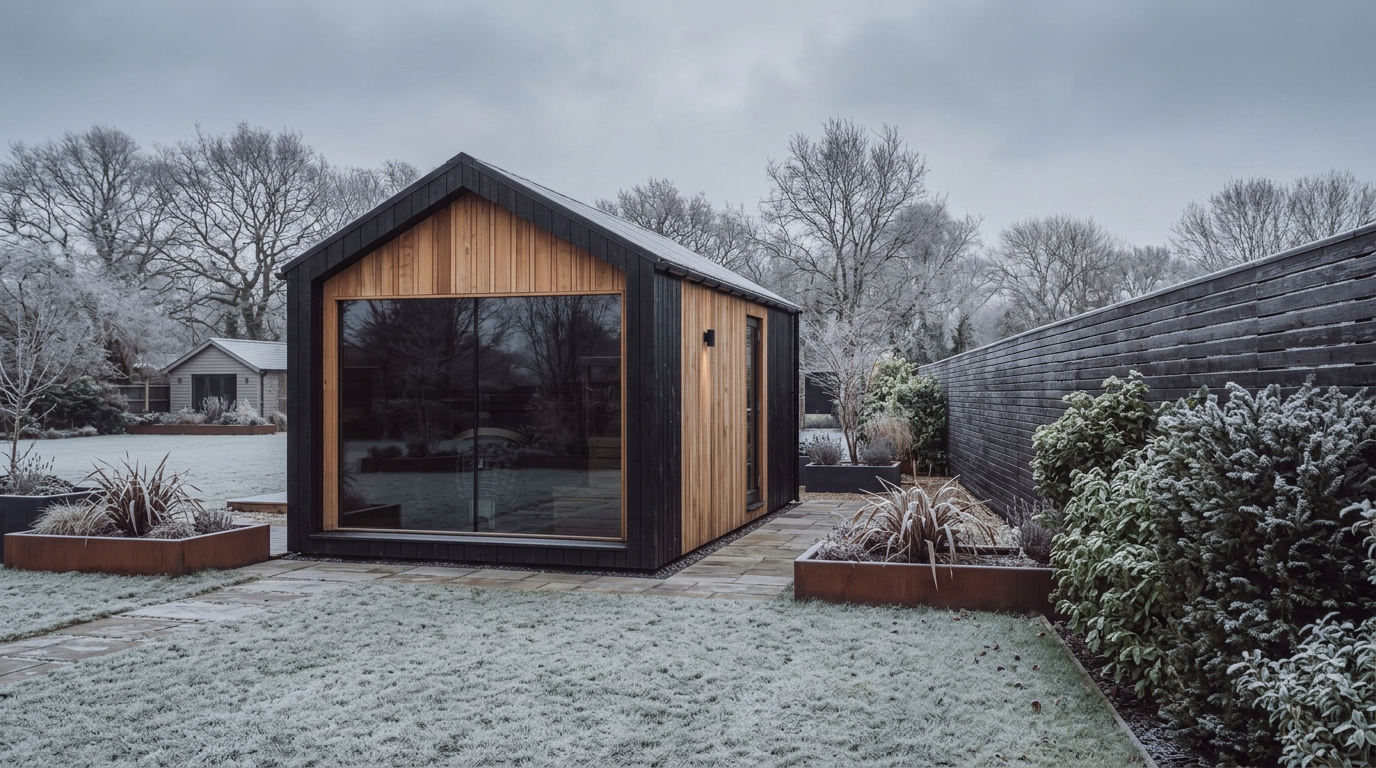 Charred black timber garden sauna with its glazed gable turned away from the boundary fence, screened by planting on a frosted winter lawn