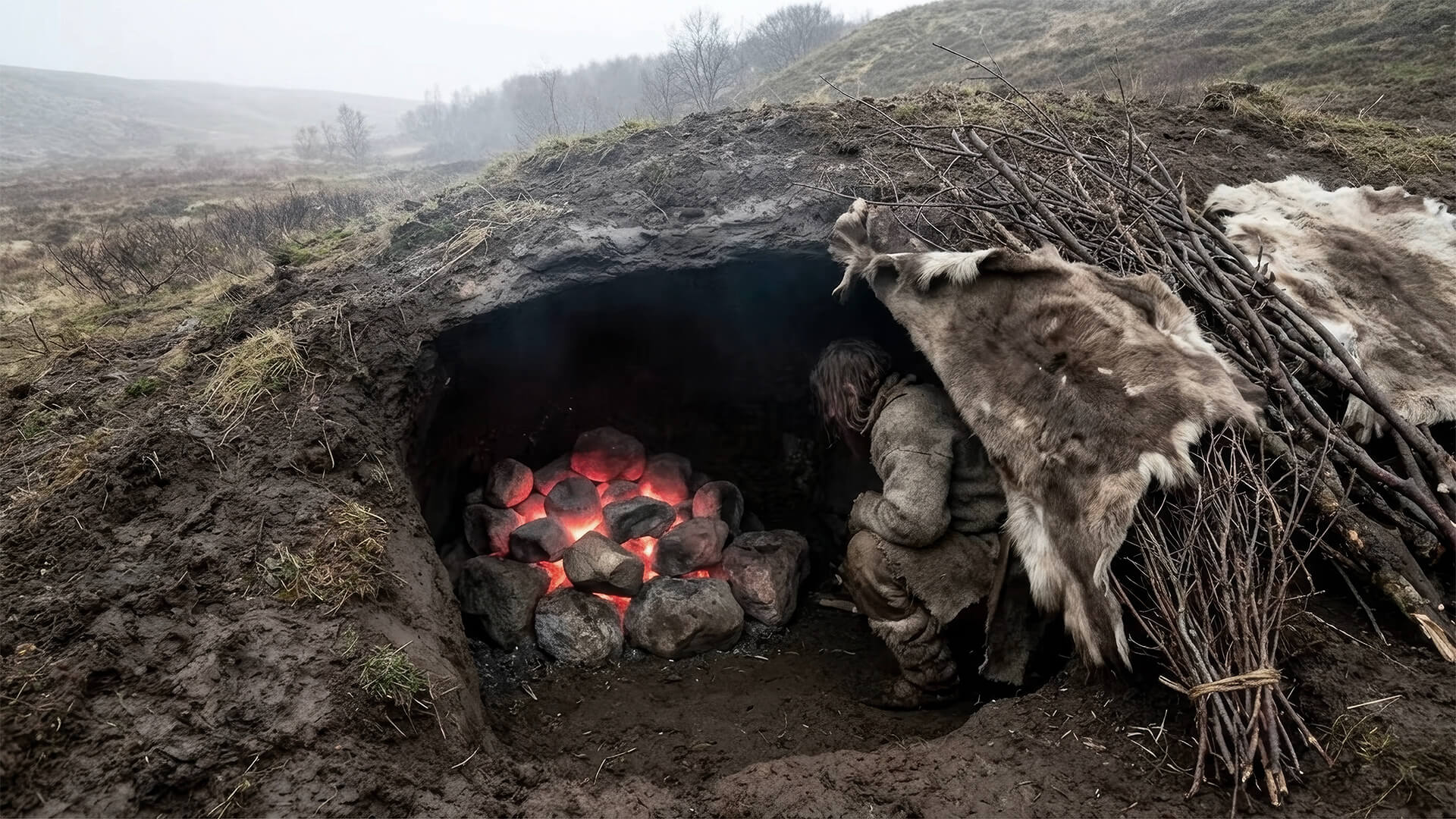 Glowing stones inside a turf-roofed neolithic sauna pit, a fur-clad figure sheltering beside it