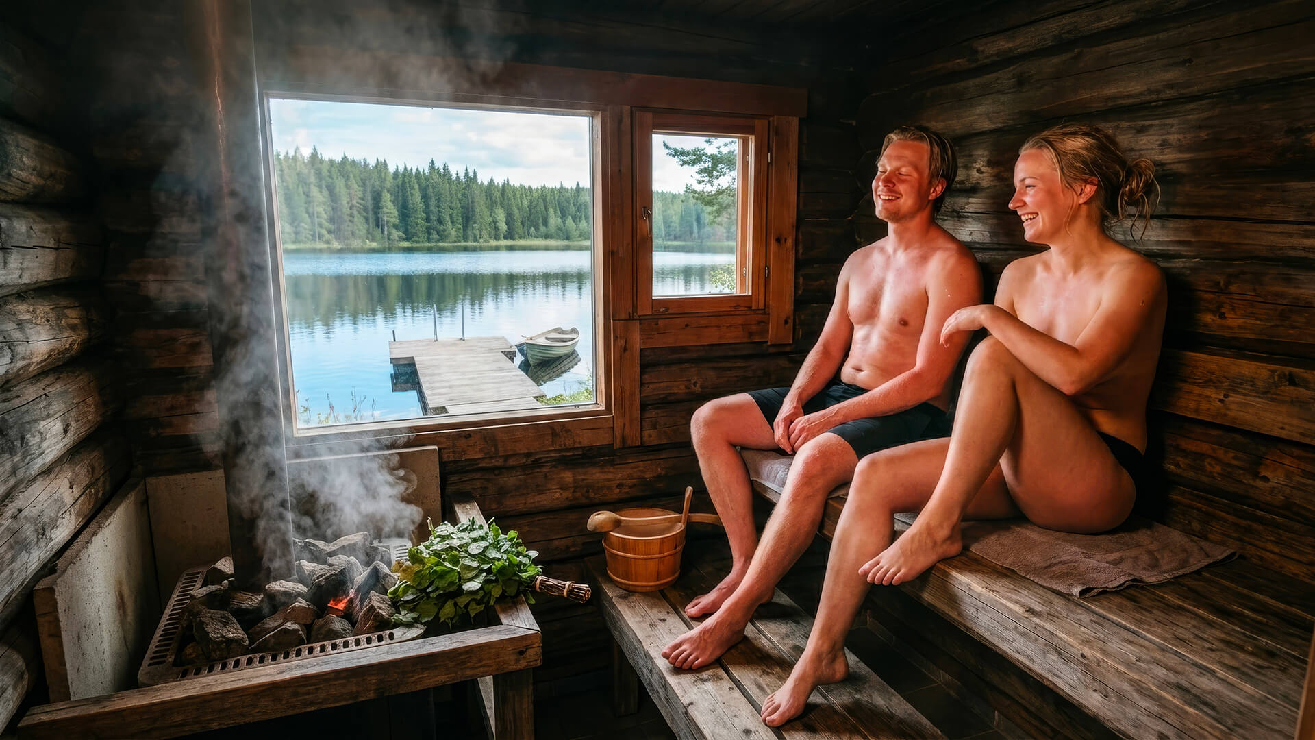 A couple laughing on the benches of a lakeside Finnish smoke sauna, steam rising from the stones