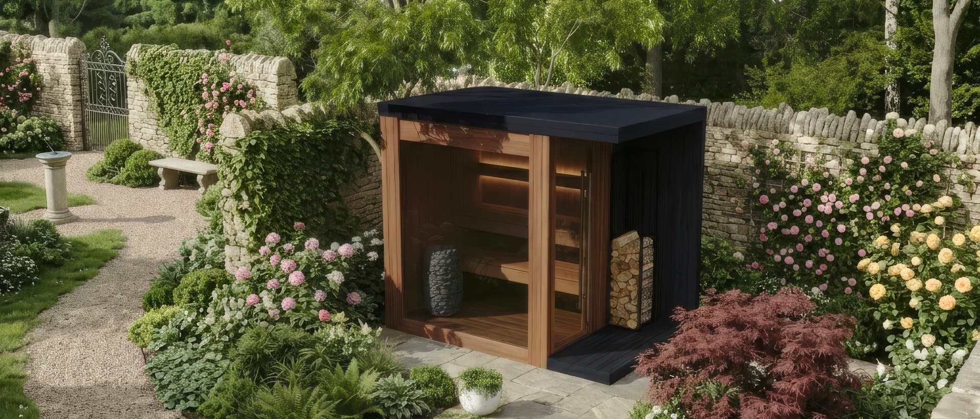 Charred timber flat-roof outdoor sauna by Löyly&Stone beside a stone wall in an English rose garden