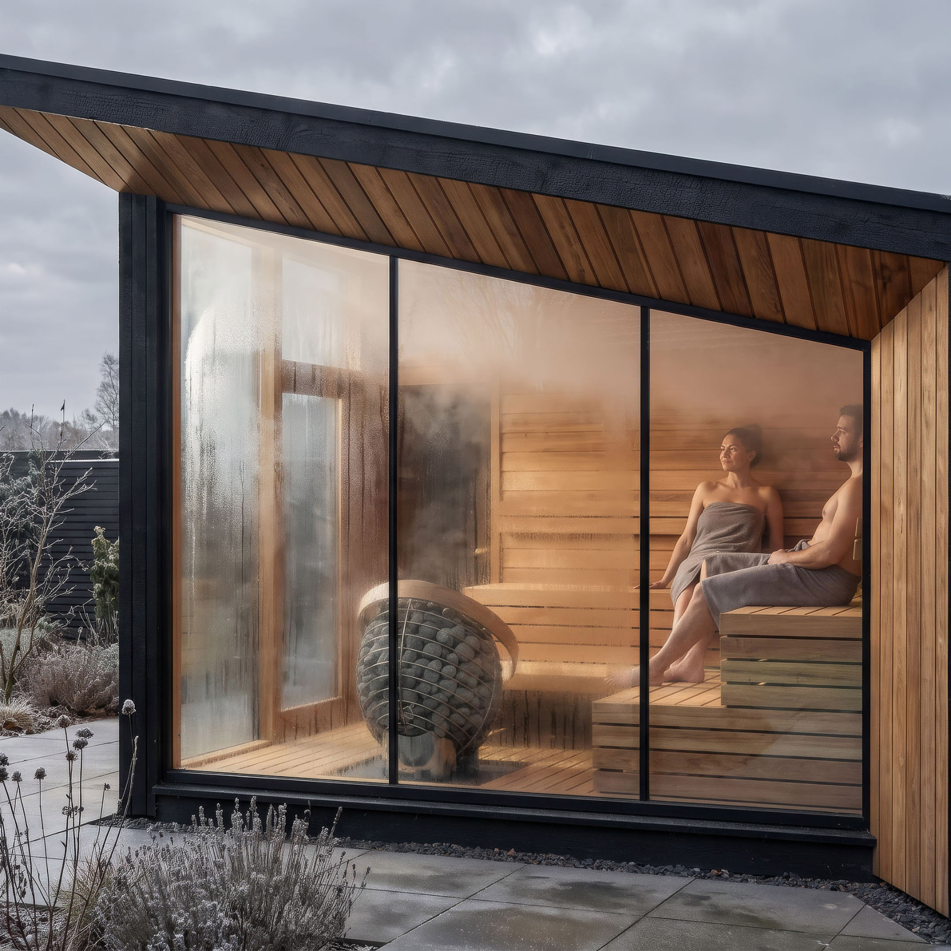 Contemporary flat-roof sauna with cedar soffit and wide glazing, a couple seated inside beside a stone heater on a frosty day