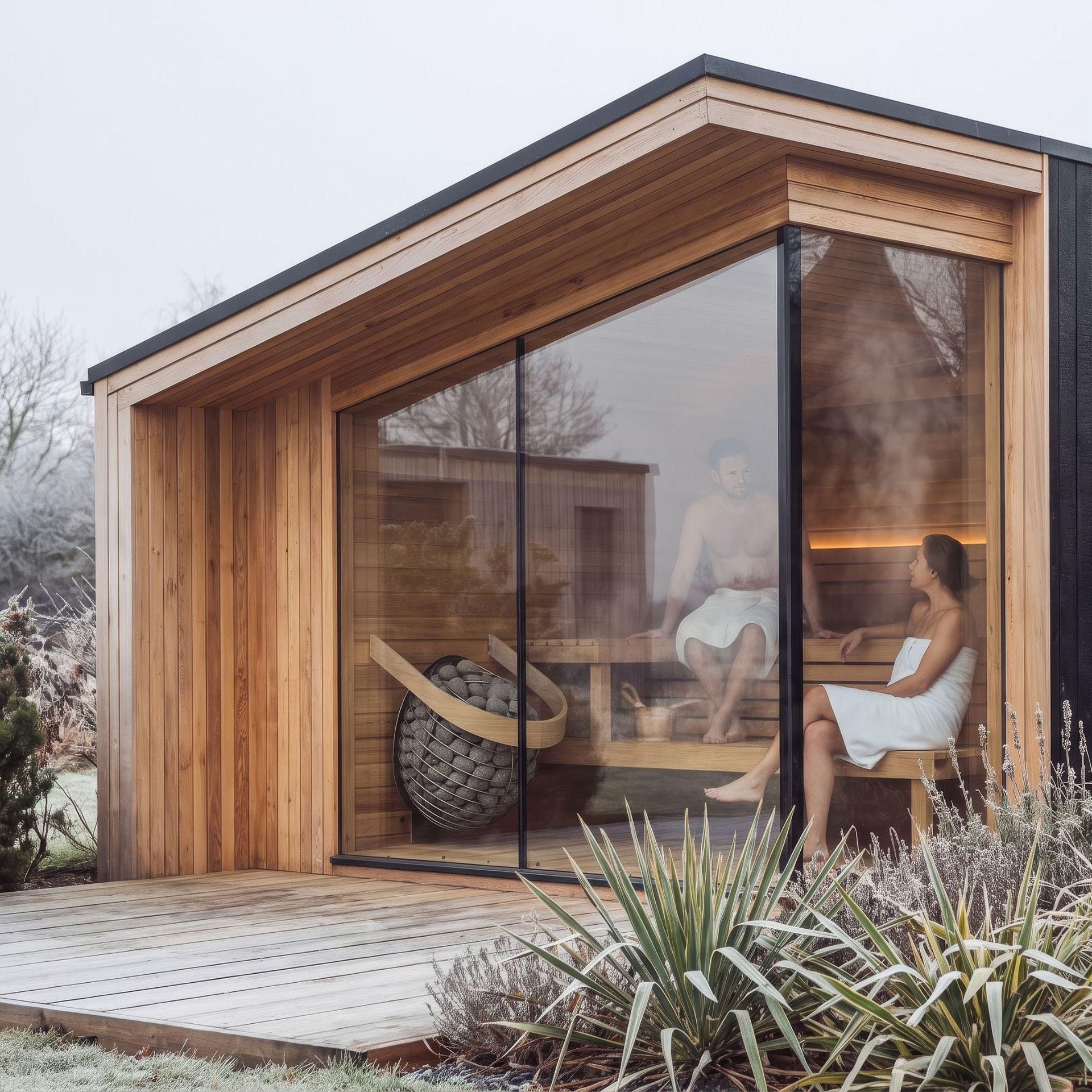 Bespoke cedar sauna with a wrap-around corner window and deck, two people relaxing inside amid rising steam