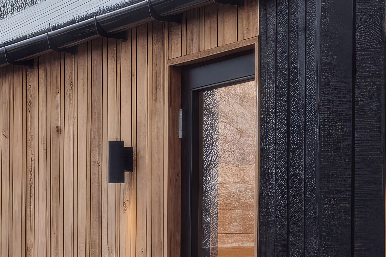 Close-up of charred Shou Sugi Ban and Western Red Cedar timber cladding meeting a sauna door