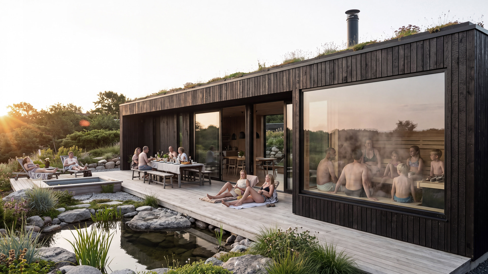 Family and friends gathering at sunset around a Löyly&Stone sauna by the water