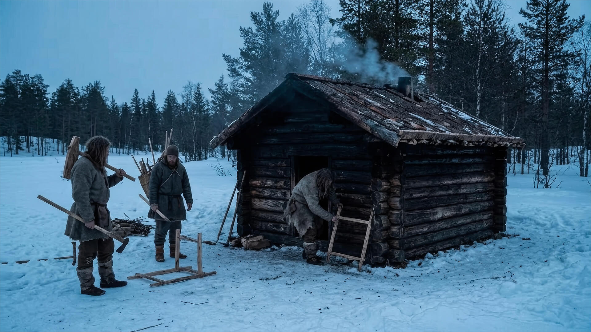 A timber smoke sauna in a snowbound forest at dusk, figures carrying firewood towards the door