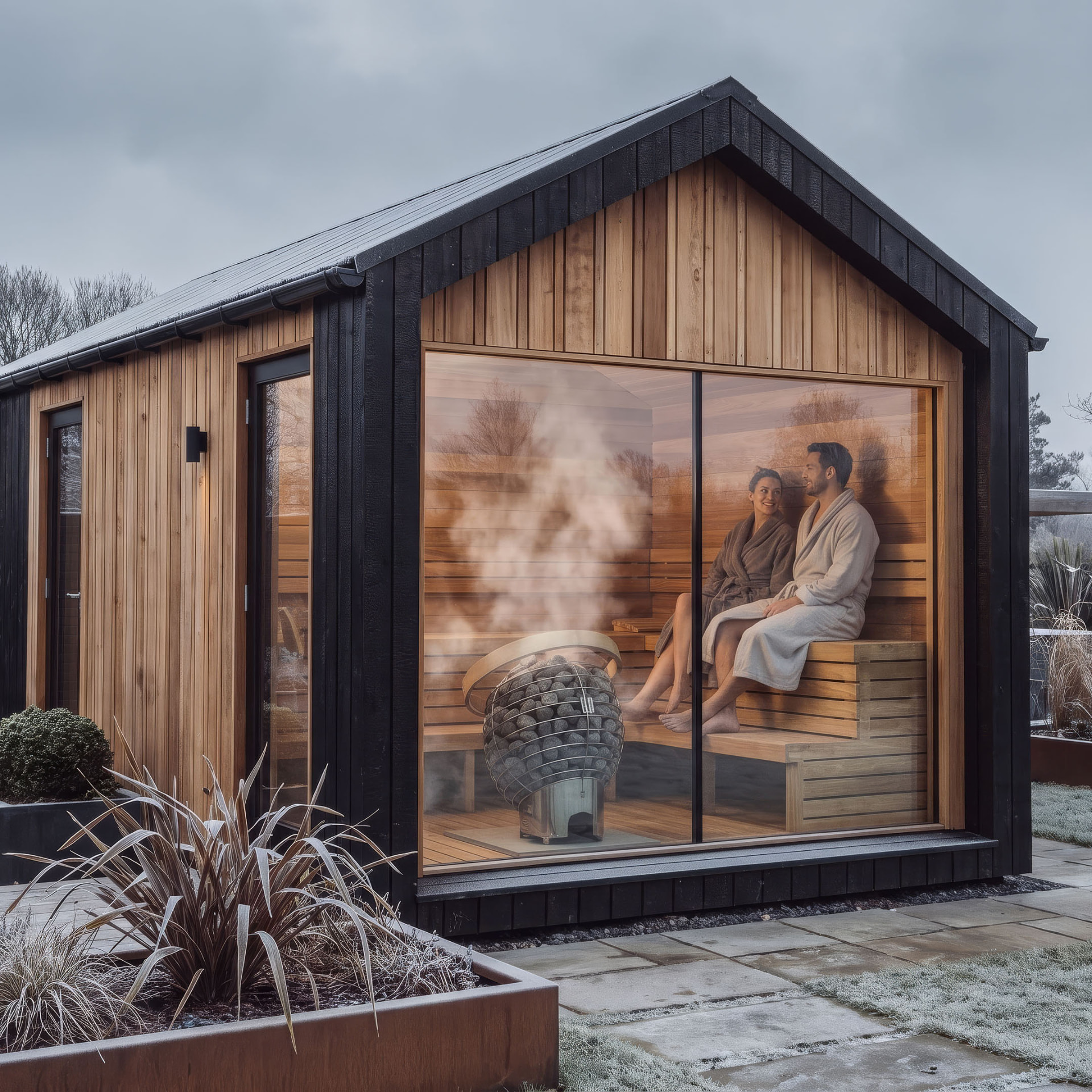 Pitched-roof sauna in charred timber and cedar with a picture window, a couple in robes sitting beside the steaming heater