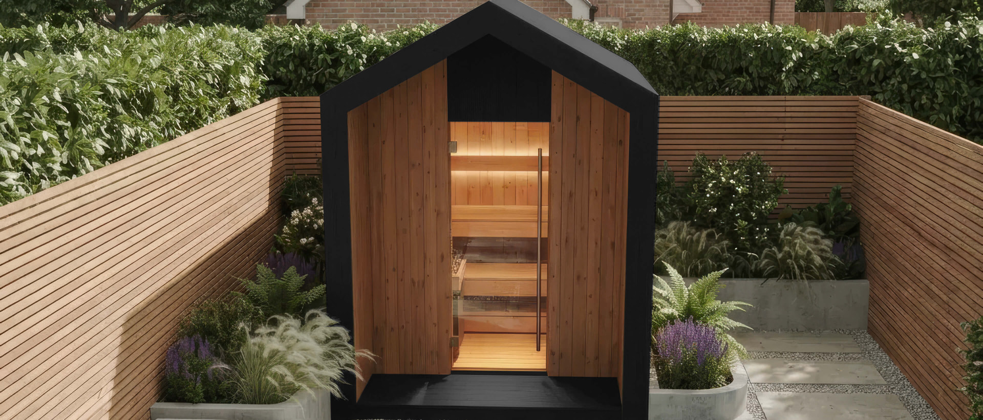 Black A-frame luxury garden sauna by Löyly&Stone, doors open and warm cedar interior glowing at dusk