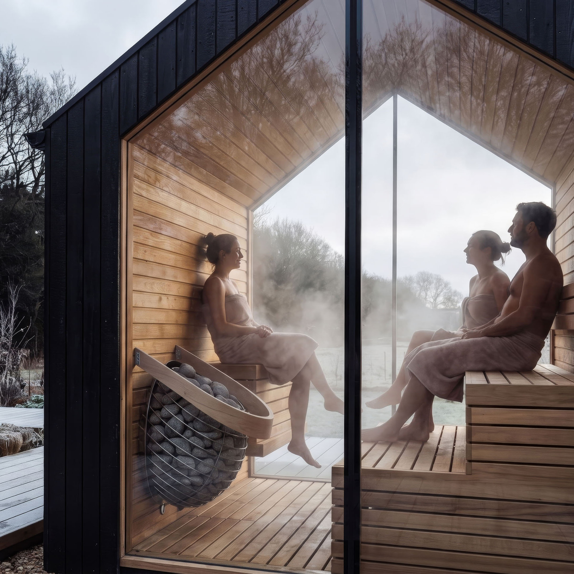 Cathedral-style sauna with a tall black-clad gable and full-height glazing, a couple relaxing on cedar benches in the steam