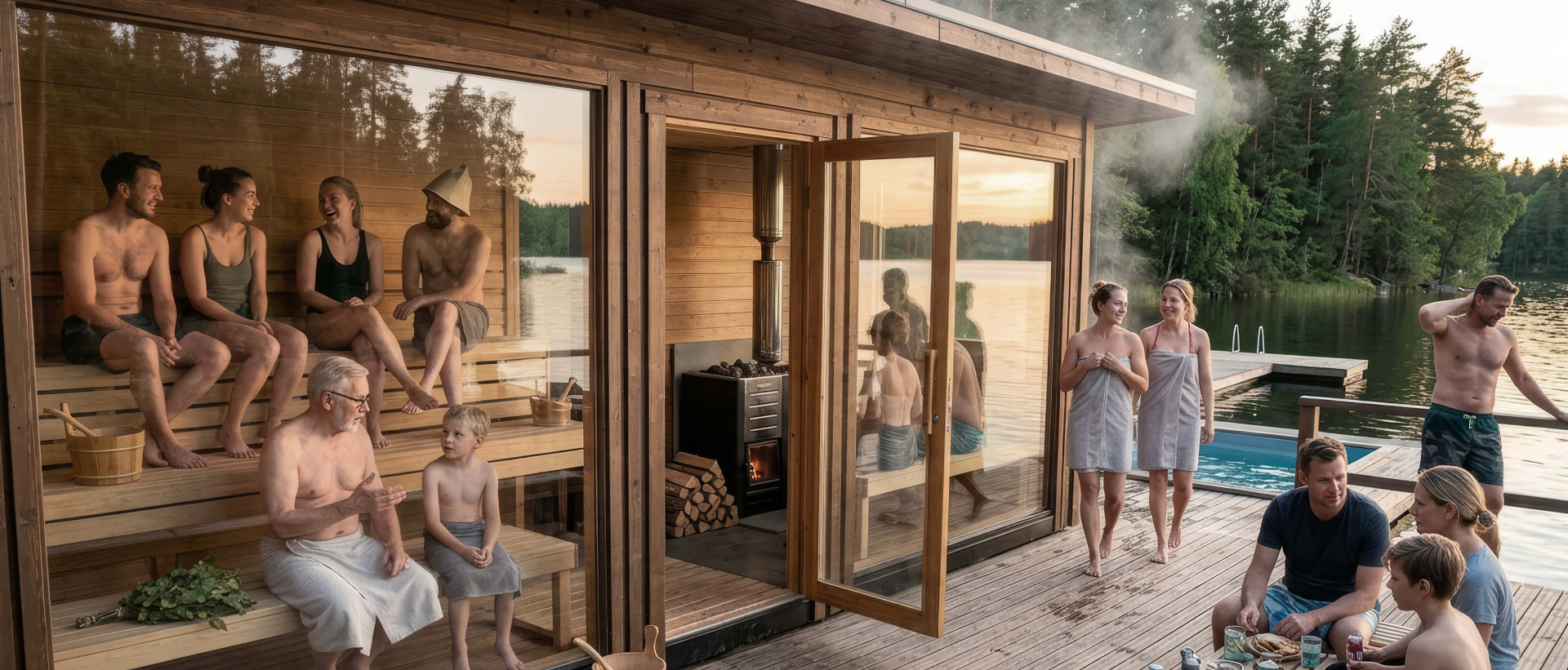 A glass-walled wooden sauna beside a lake at sunset, with family and friends gathering on the deck