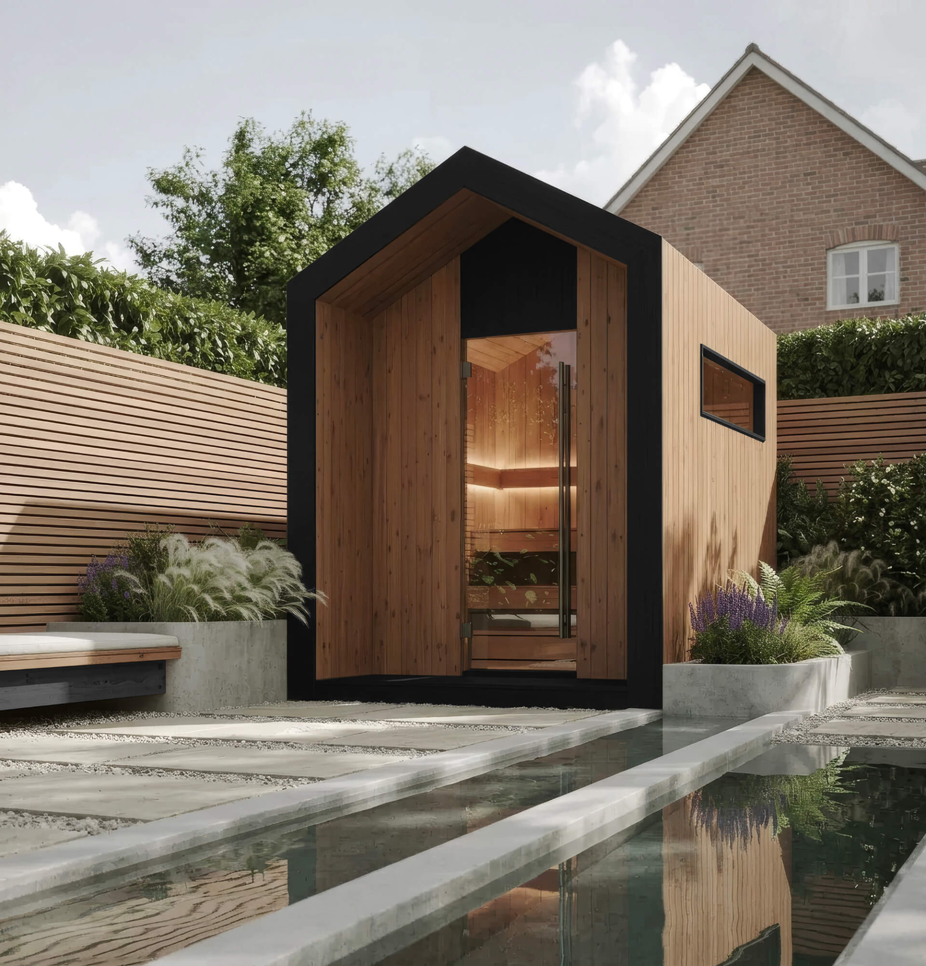 Cathedral-style sauna with a tall black gable and cedar doors beside a reflecting pool
