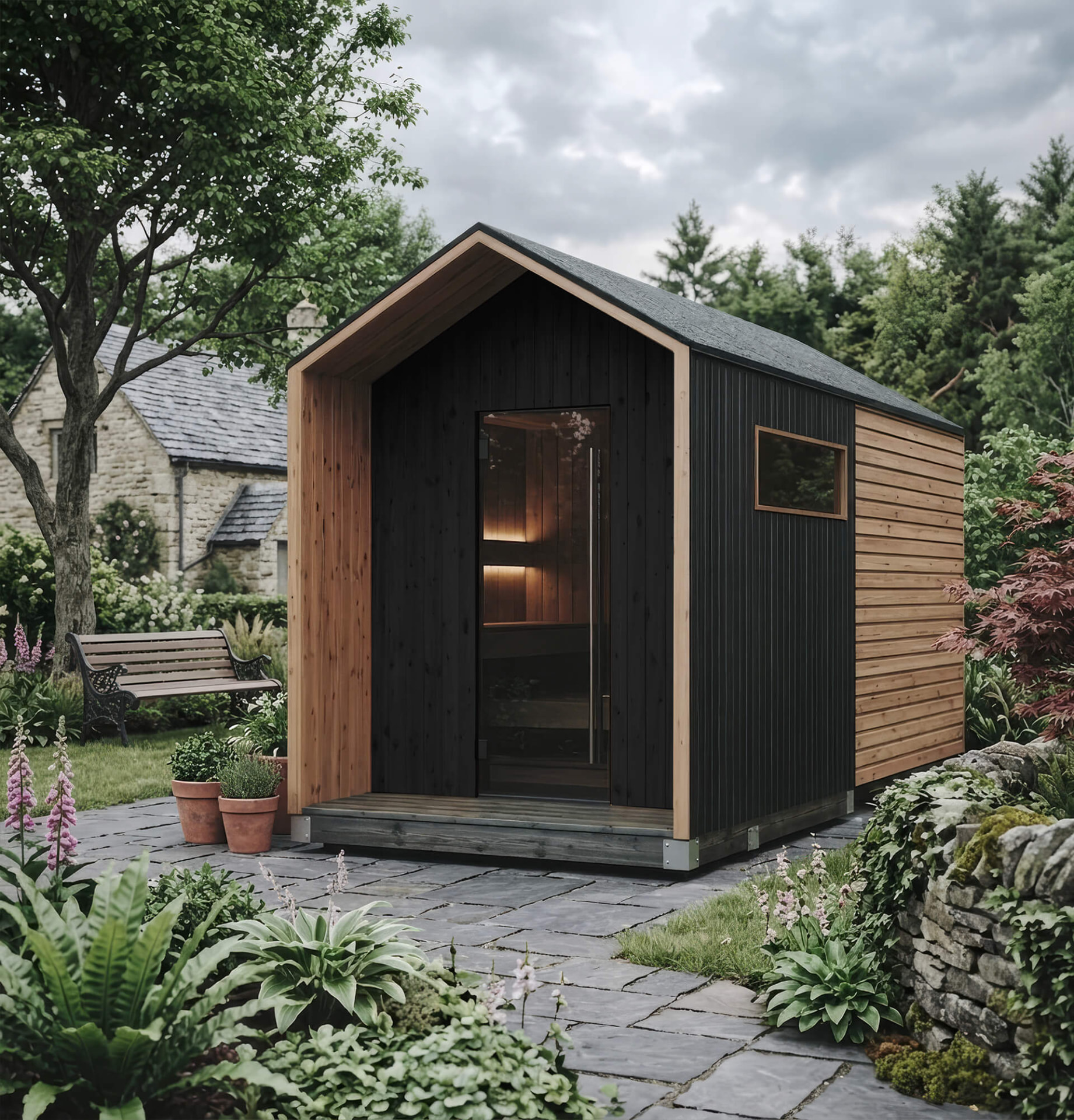 Pitched-roof sauna cabin in charred timber with cedar trims and a warmly lit interior