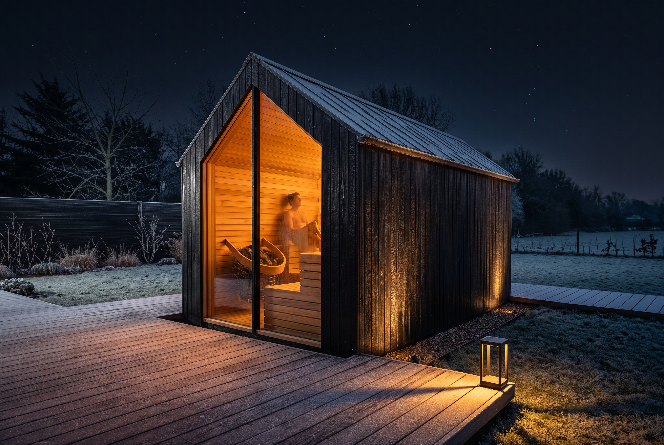 A charred black timber sauna at night, its glazed gable glowing warm amber over frosted decking, with a low bollard light and soft uplighting on the cladding
