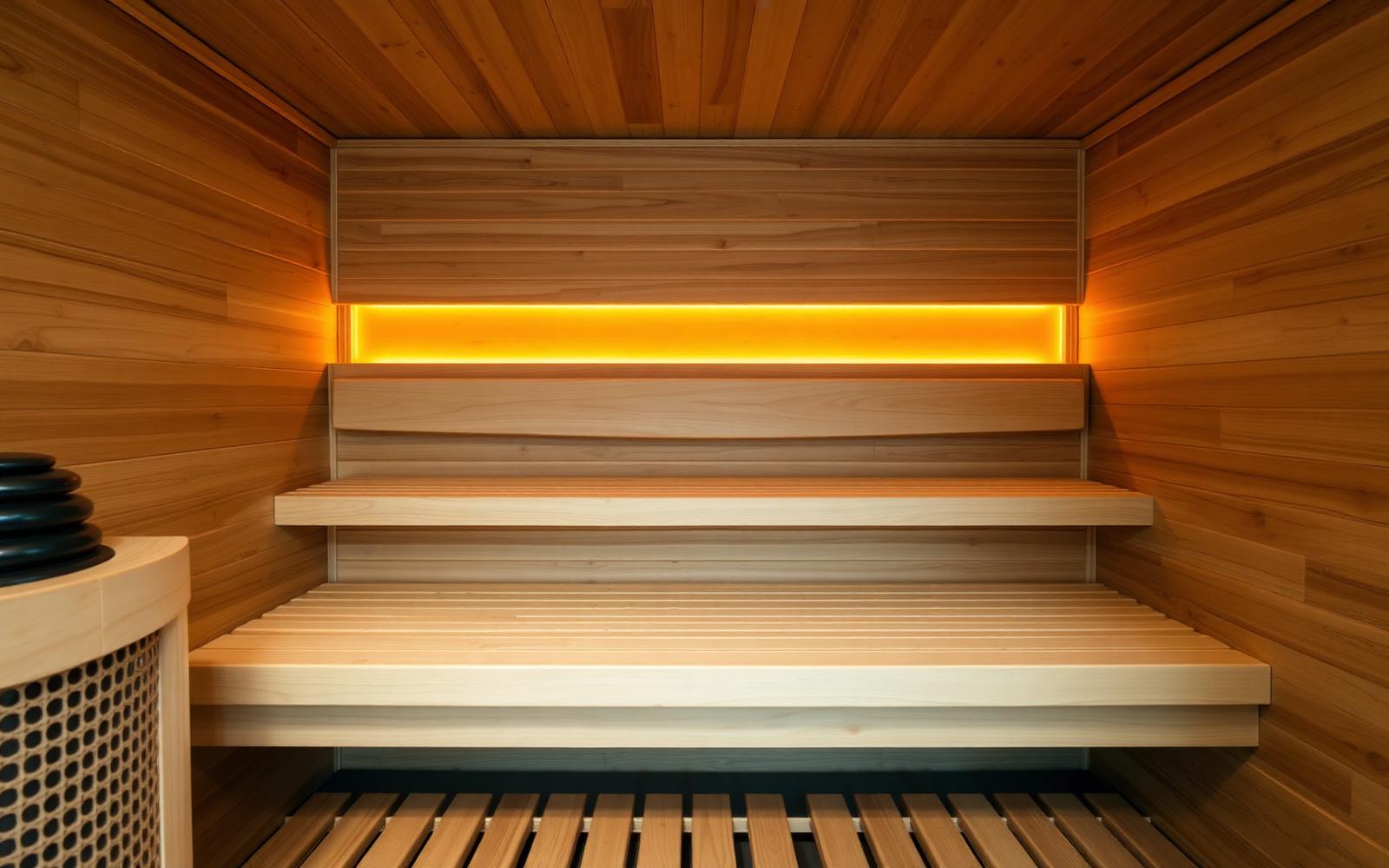 Pale thermo aspen sauna benching with shaped backrests and hidden warm lighting beneath the upper bench