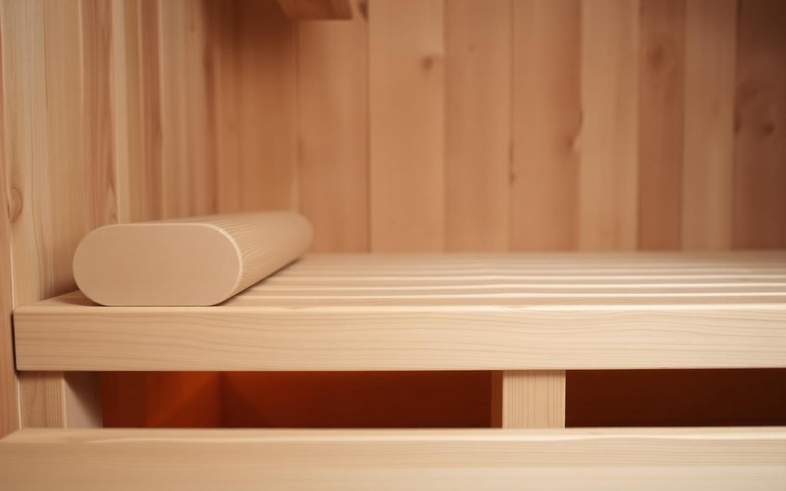 Detail of a pale aspen sauna bench edge and rounded headrest with warm light glowing underneath