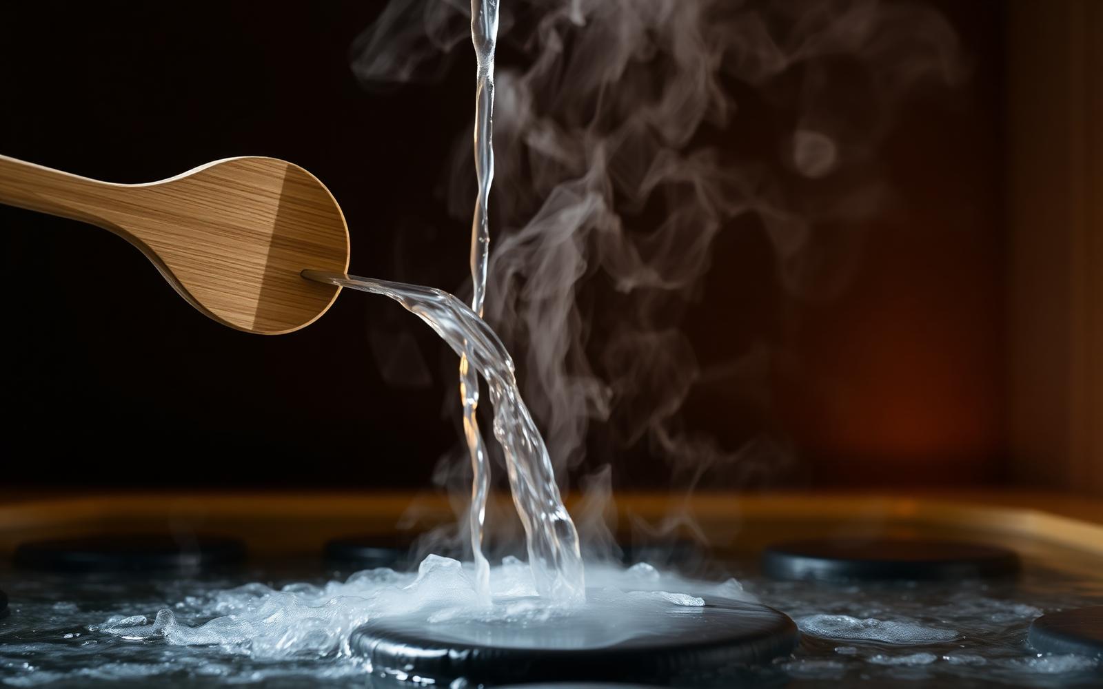 A wooden ladle pouring water over hot dark sauna stones with steam bursting upward