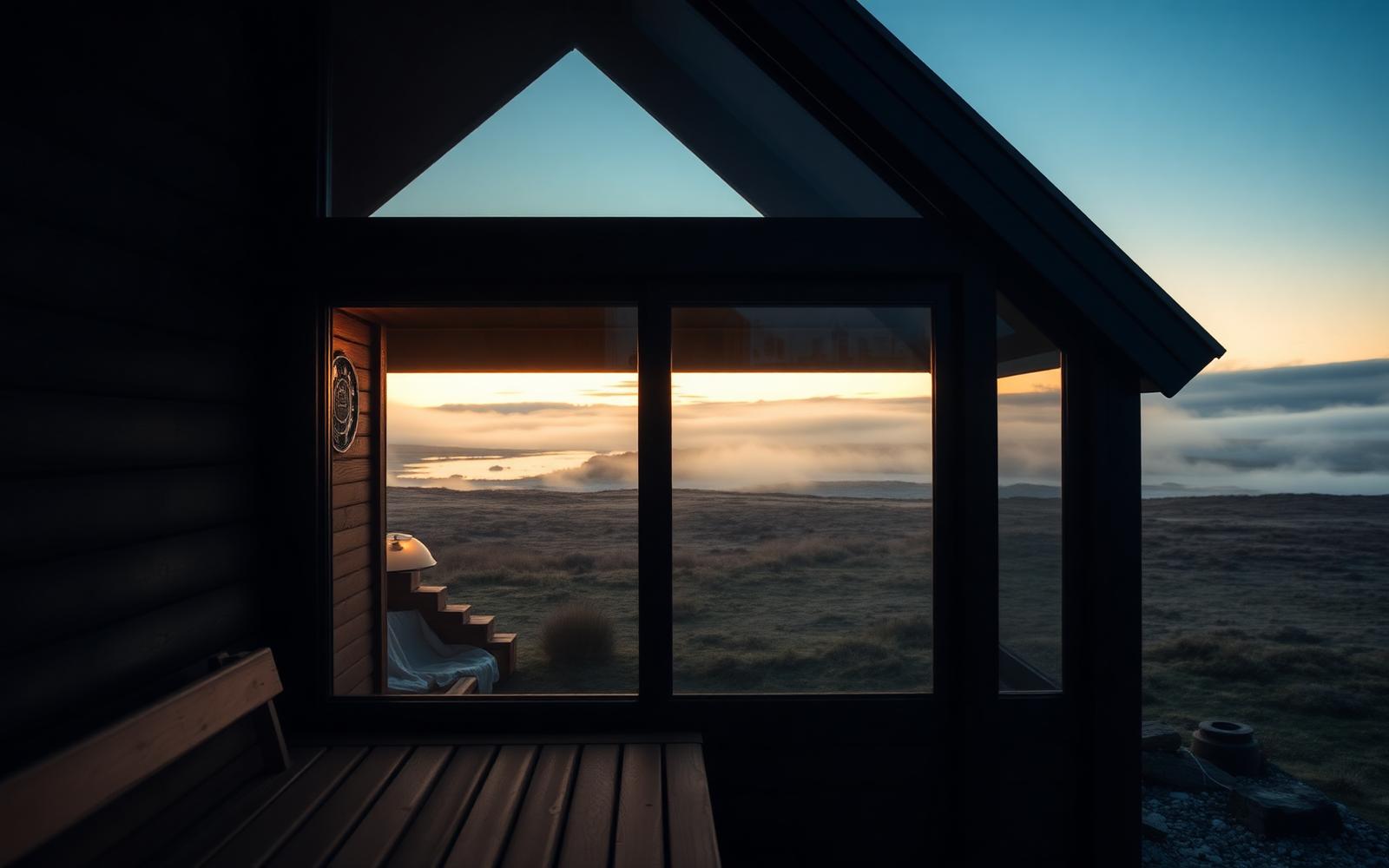 Interior of a cedar sauna with a large picture window framing a misty landscape of trees