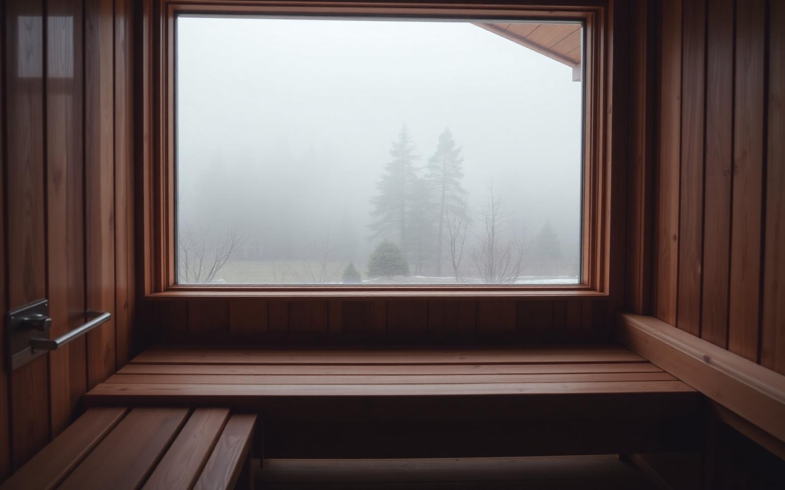 View from a sauna bench through a large picture window toward a misty garden of pine trees