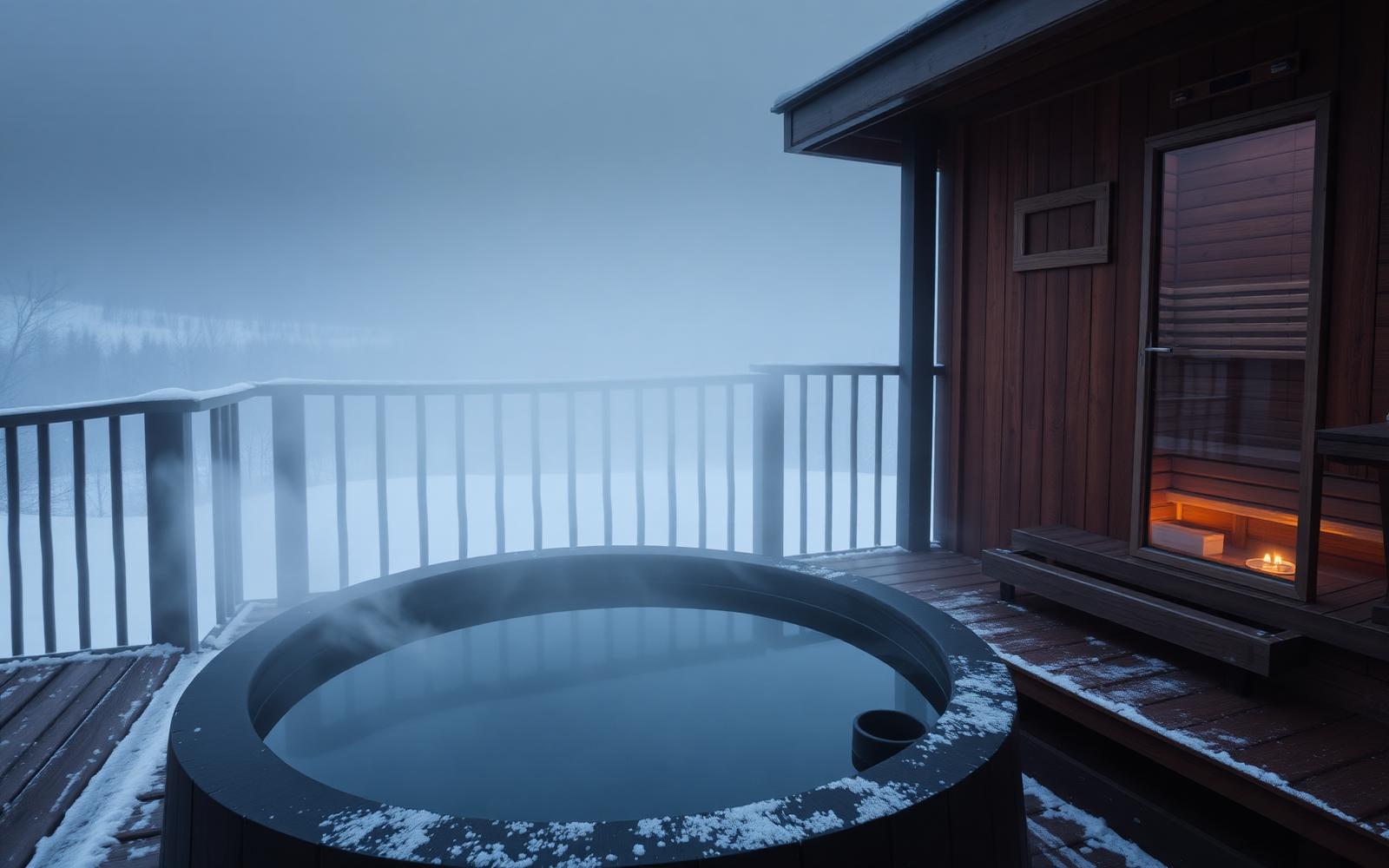 Cold water running from an outdoor shower against dark timber cladding beside frosted grasses