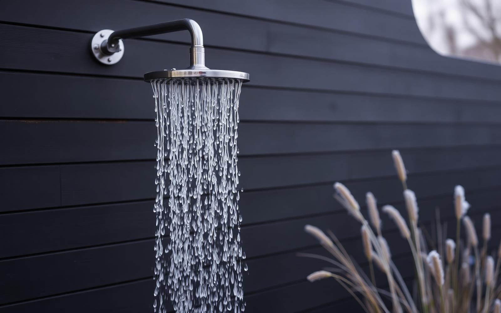Outdoor cold shower head with water falling against a black timber sauna wall in winter light