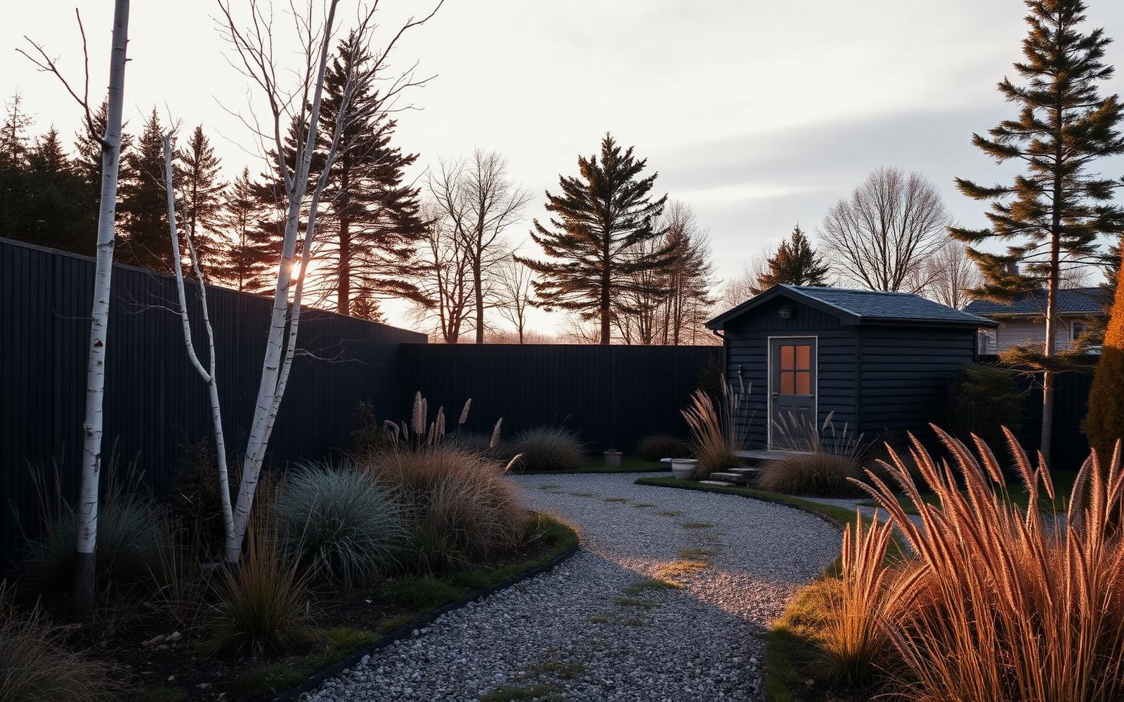 Frost-covered ornamental grasses and clipped evergreens in a Scandinavian-style garden at first light