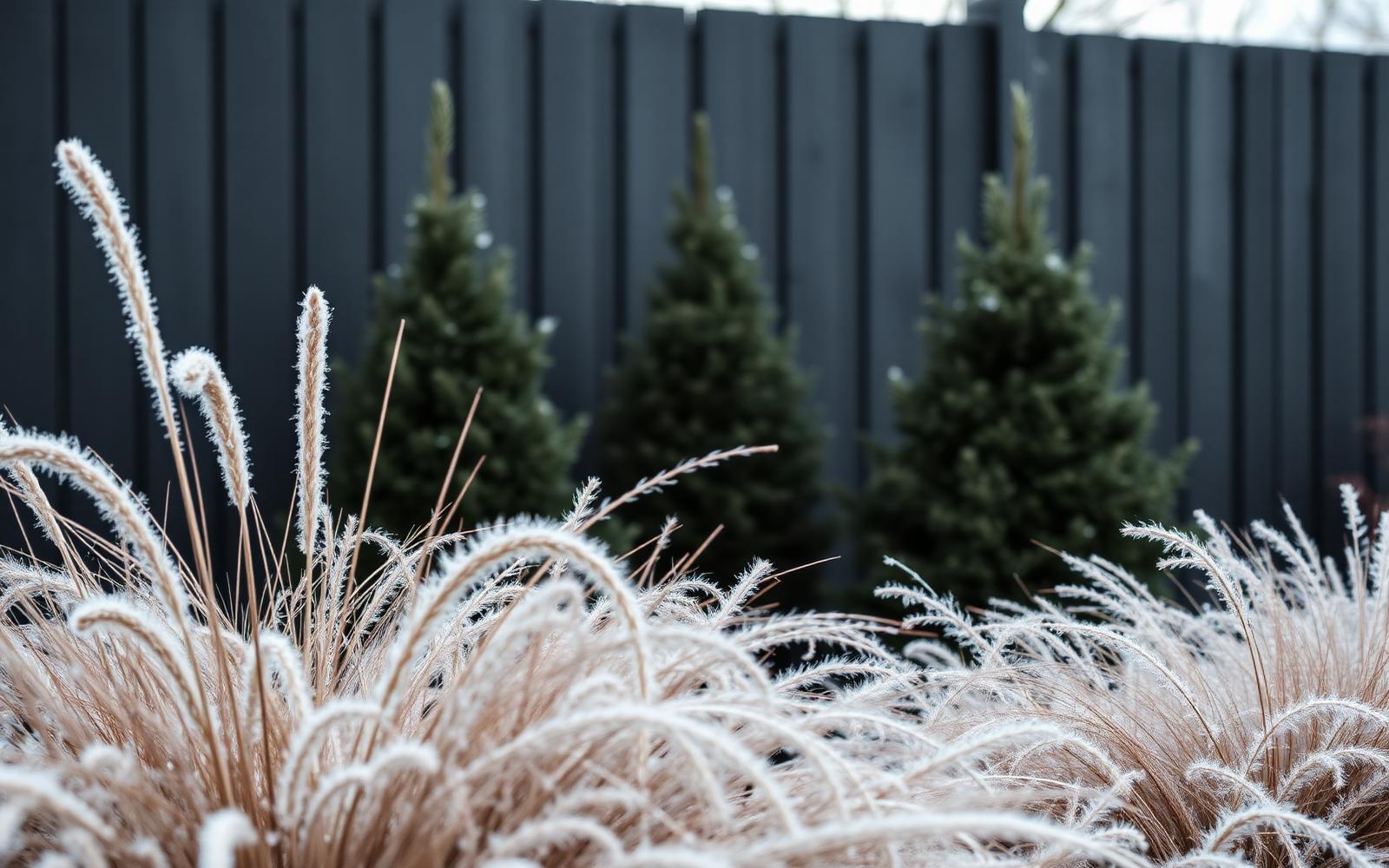Close-up of frosted ornamental grasses against dark grey vertical timber fencing in winter