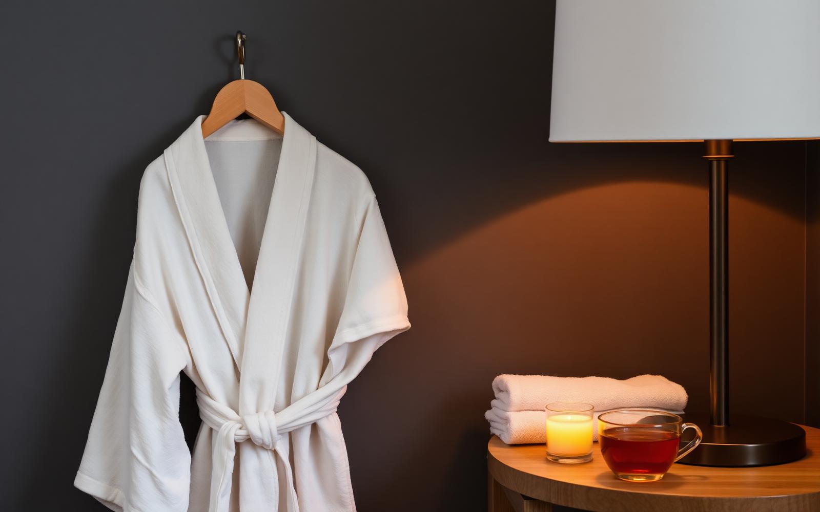 Linen robe on a wooden peg beside folded towels, a candle and a cup of herbal tea under warm lamplight