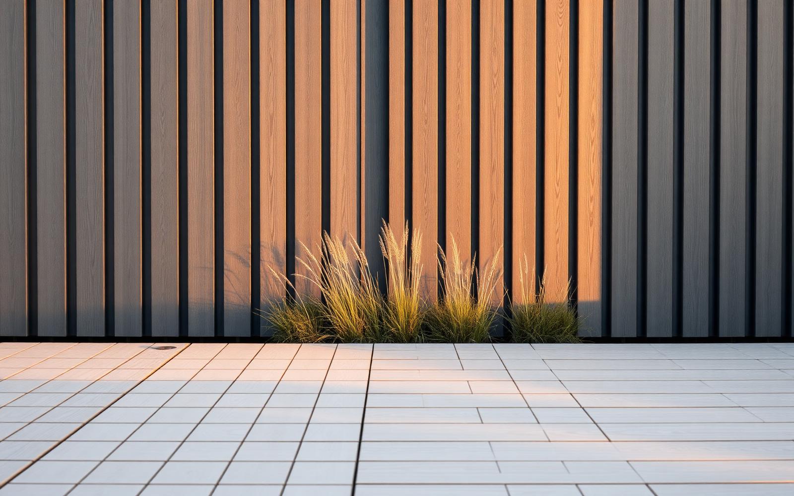 Detail of pale decking meeting dark grey vertical slatted screening with grasses in low evening light