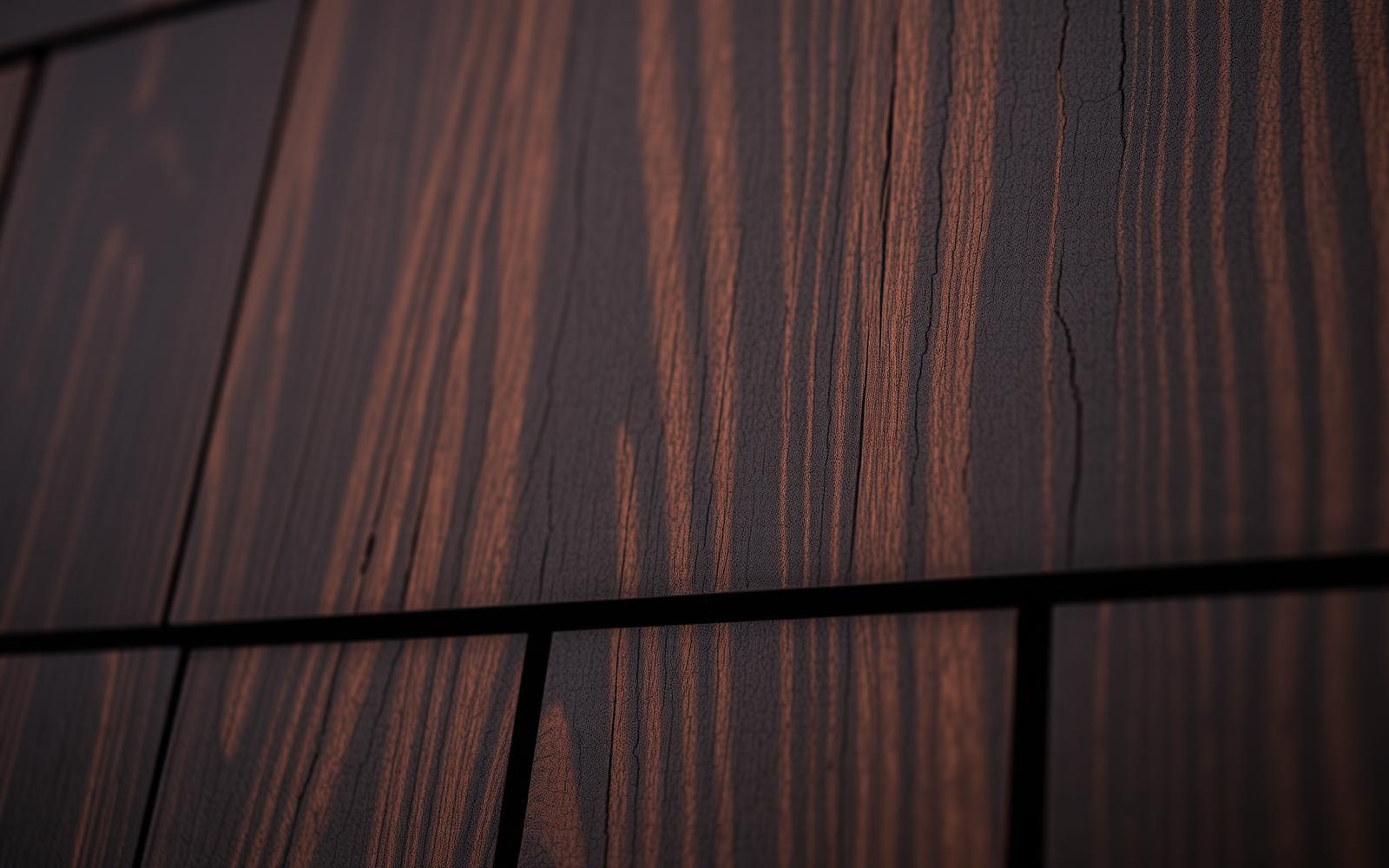 Exterior wall of black charred Shou Sugi Ban timber cladding on a garden sauna with a slim lit window