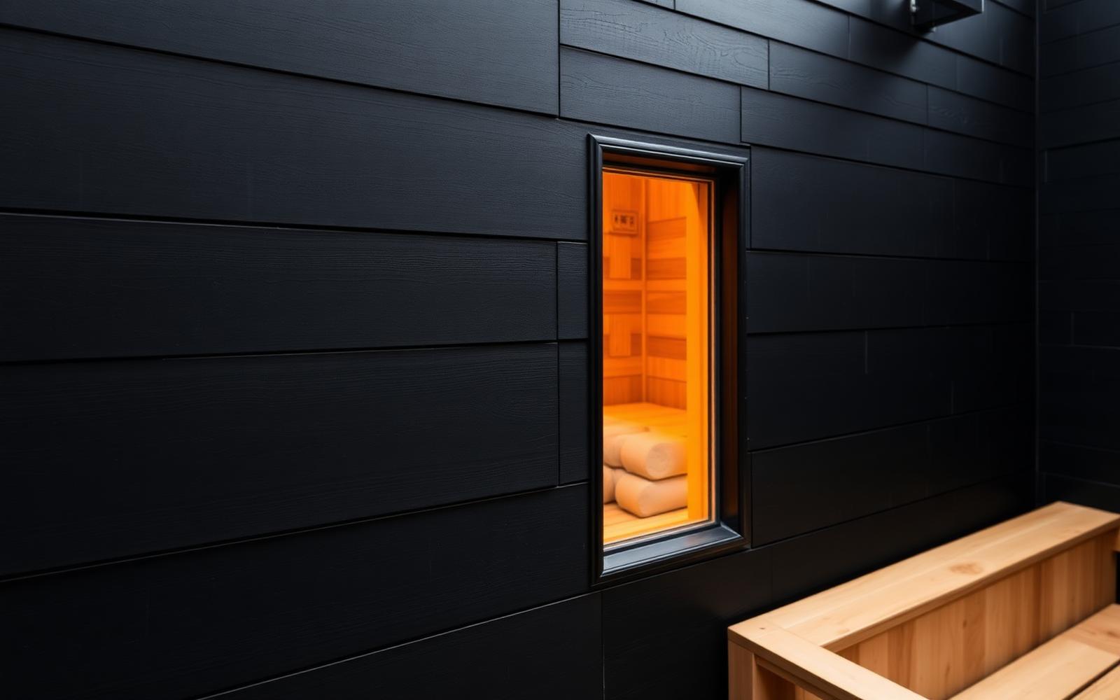 Close detail of black charred timber cladding beside a narrow window glowing warm amber from inside